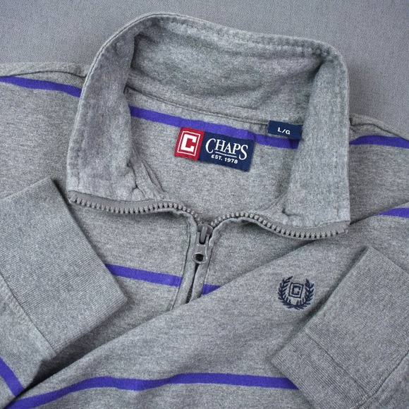 Chaps Mens Log Sleeve Polo Rugby Gray Striped Long Sleeve 1/4 Zip Pullover Shirt - Picture 1 of 10